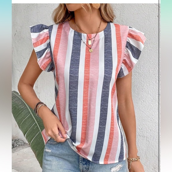 SHEIN Multicolor Striped Ruffle Sleeve Blouse - Picture 1 of 6
